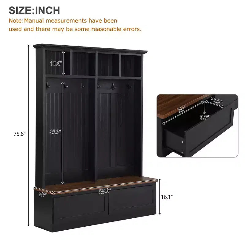 Arbre d'entrée de style ferme 4-en-1 avec banc en grain de bois, 2 grands tiroirs et 6 crochets noirs