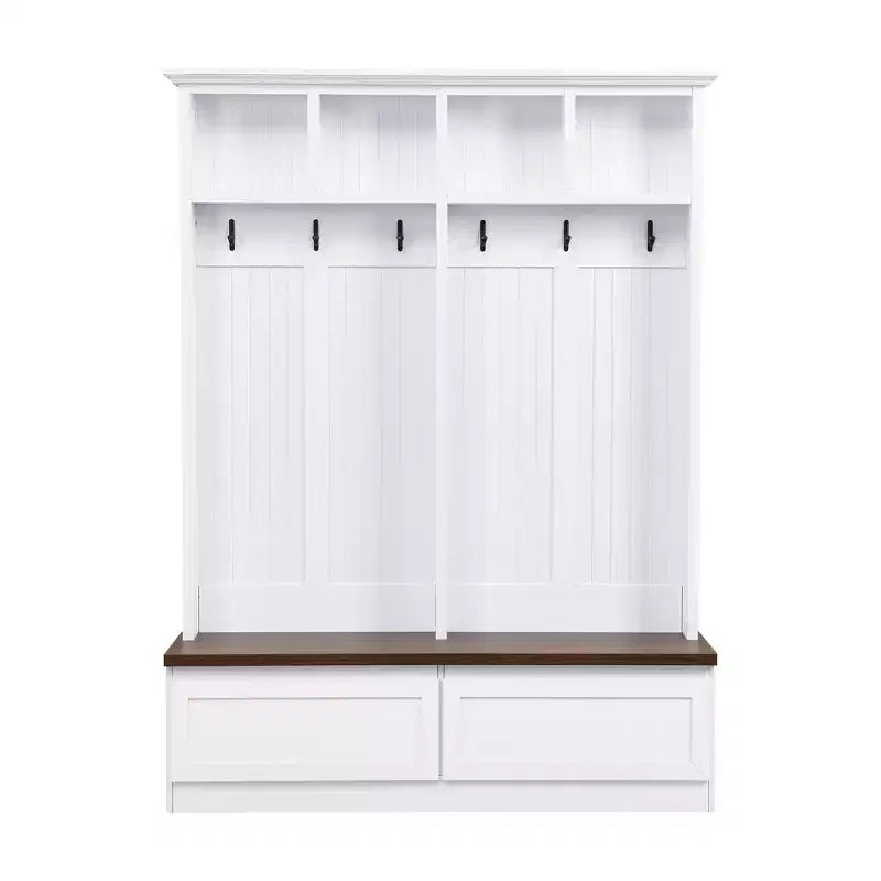 Arbre d'entrée de style ferme 4-en-1 avec banc en grain de bois, 2 grands tiroirs et 6 crochets noirs