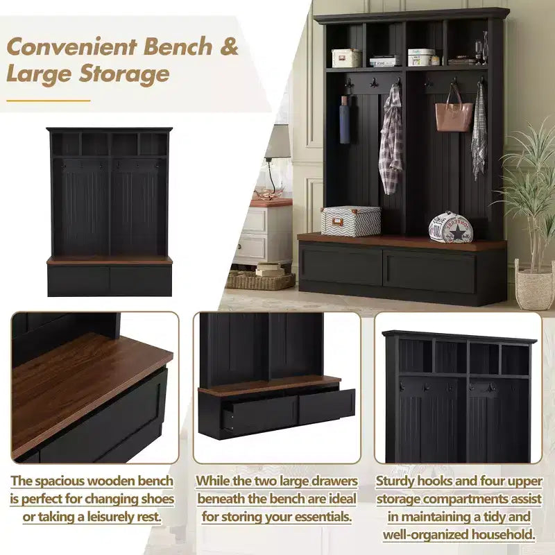 Arbre d'entrée de style ferme 4-en-1 avec banc en grain de bois, 2 grands tiroirs et 6 crochets noirs