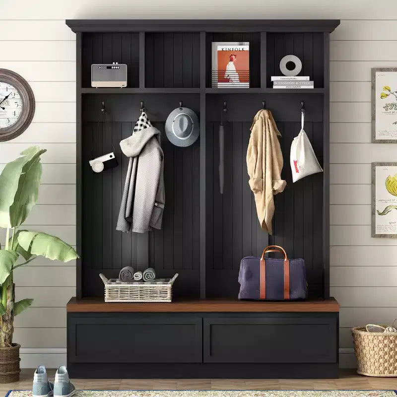 Whisen Farmhouse Style 4-in-1 Hall Tree with Wood Grain Bench, 2 Large Drawers and 6 Black Hooks