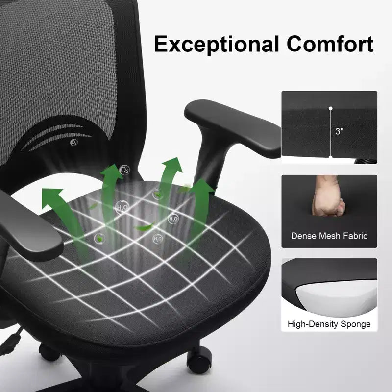 Chaise de bureau ergonomique en maille avec dossier en S, support lombaire, hauteur réglable, capacité de 150 kg