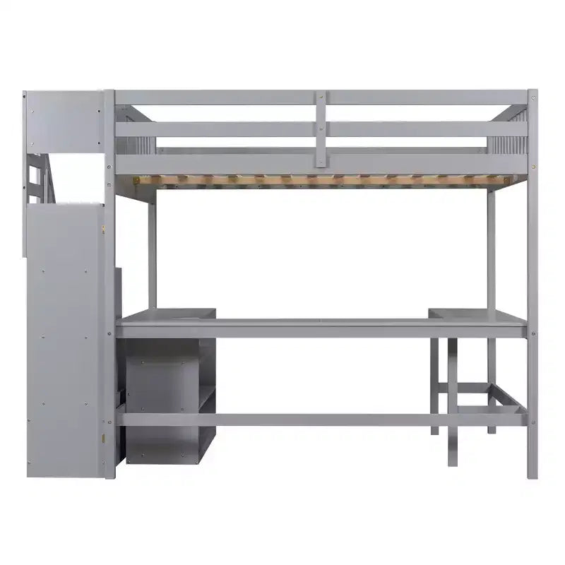 Lit mezzanine double avec bureau intégré en L, étagères de rangement à trois niveaux, garde-corps de sécurité et escalier de rangement attenant, blanc/gris