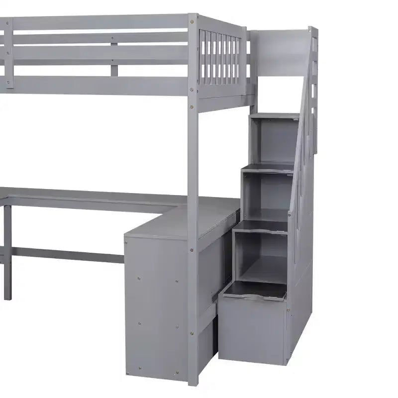 Lit mezzanine double avec bureau intégré en L, étagères de rangement à trois niveaux, garde-corps de sécurité et escalier de rangement attenant, blanc/gris