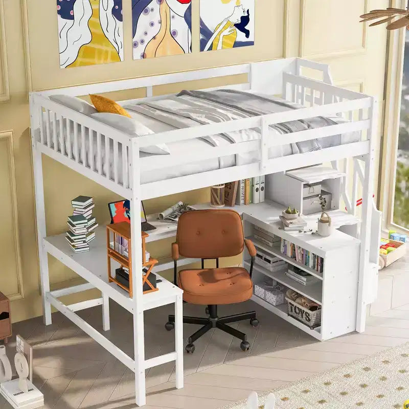 Lit mezzanine double avec bureau intégré en L, étagères de rangement à trois niveaux, garde-corps de sécurité et escalier de rangement attenant, blanc/gris