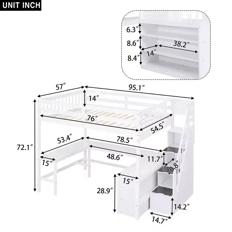 Lit mezzanine double avec bureau intégré en L, étagères de rangement à trois niveaux, garde-corps de sécurité et escalier de rangement attenant, blanc/gris