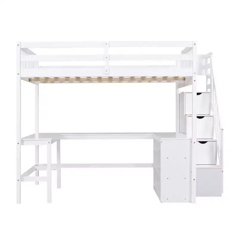 Lit mezzanine double avec bureau intégré en L, étagères de rangement à trois niveaux, garde-corps de sécurité et escalier de rangement attenant, blanc/gris