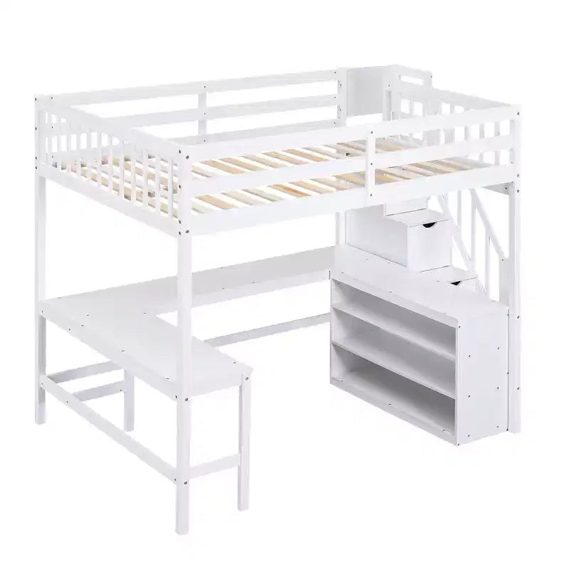 Lit mezzanine double avec bureau intégré en L, étagères de rangement à trois niveaux, garde-corps de sécurité et escalier de rangement attenant, blanc/gris