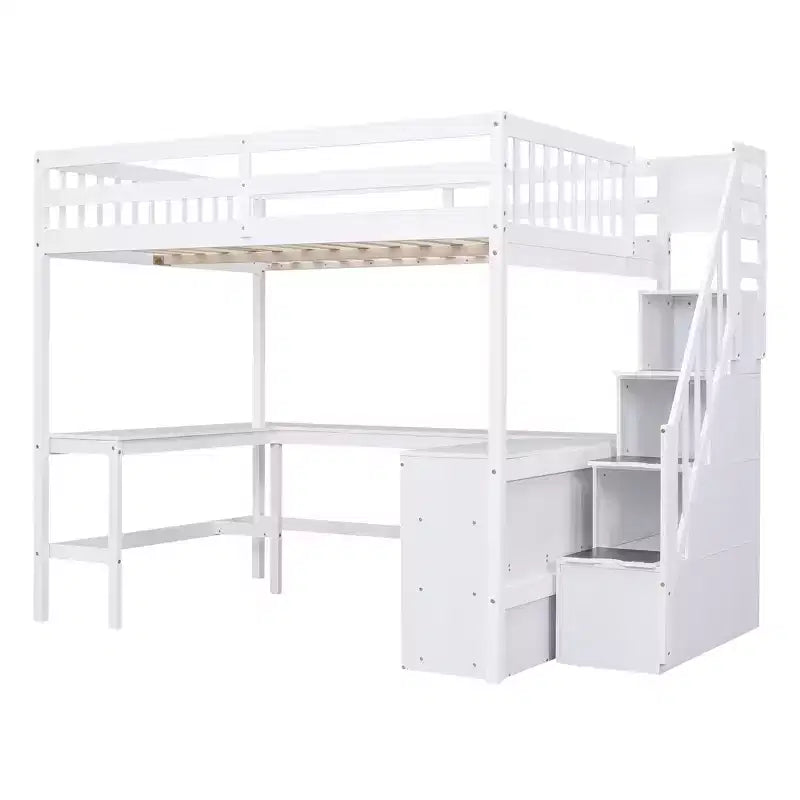 Lit mezzanine double avec bureau intégré en L, étagères de rangement à trois niveaux, garde-corps de sécurité et escalier de rangement attenant, blanc/gris