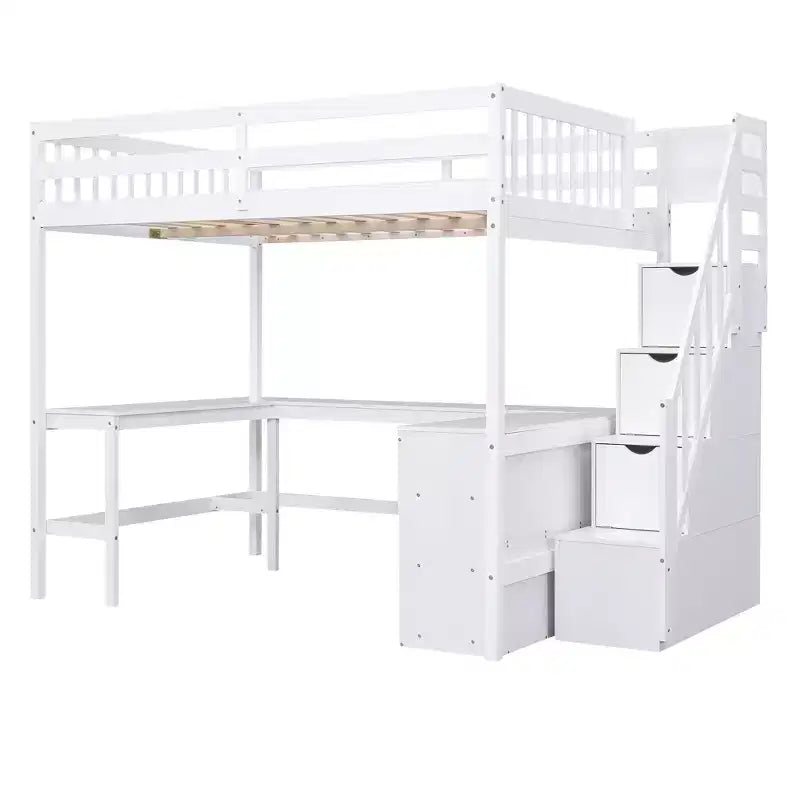 Lit mezzanine double avec bureau intégré en L, étagères de rangement à trois niveaux, garde-corps de sécurité et escalier de rangement attenant, blanc/gris