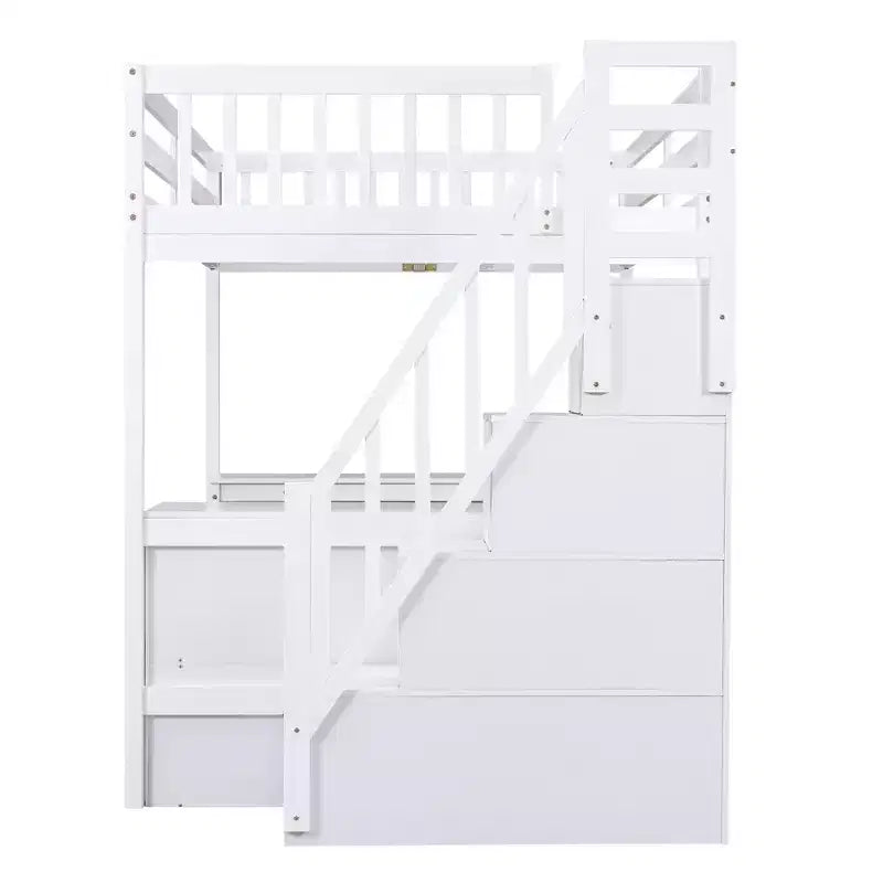 Lit mezzanine double avec bureau intégré en L, étagères de rangement à trois niveaux, garde-corps de sécurité et escalier de rangement attenant, blanc/gris