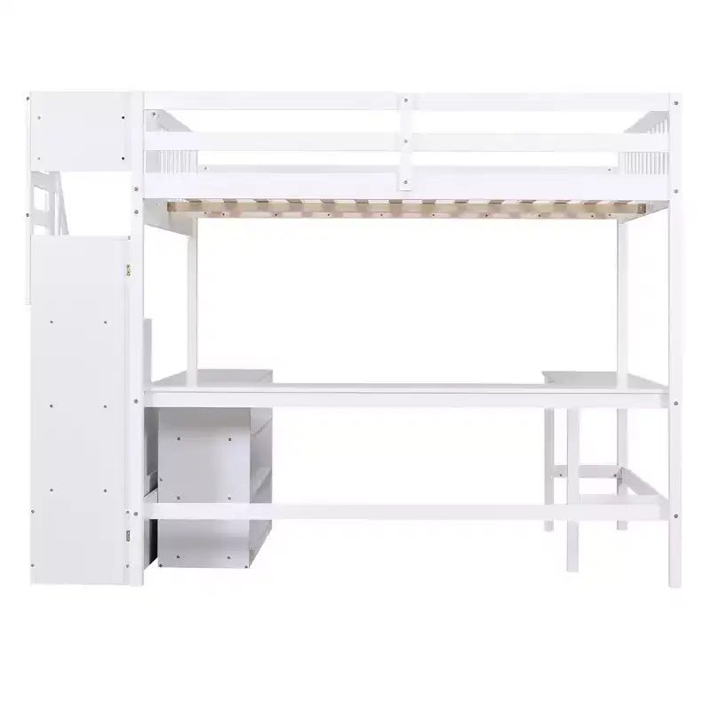 Lit mezzanine double avec bureau intégré en L, étagères de rangement à trois niveaux, garde-corps de sécurité et escalier de rangement attenant, blanc/gris