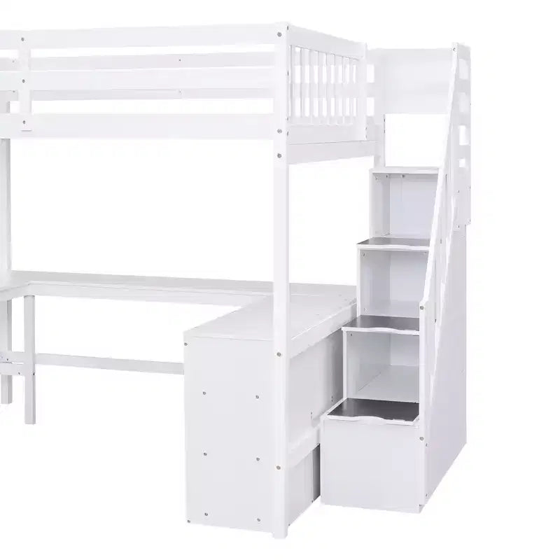 Lit mezzanine double avec bureau intégré en L, étagères de rangement à trois niveaux, garde-corps de sécurité et escalier de rangement attenant, blanc/gris