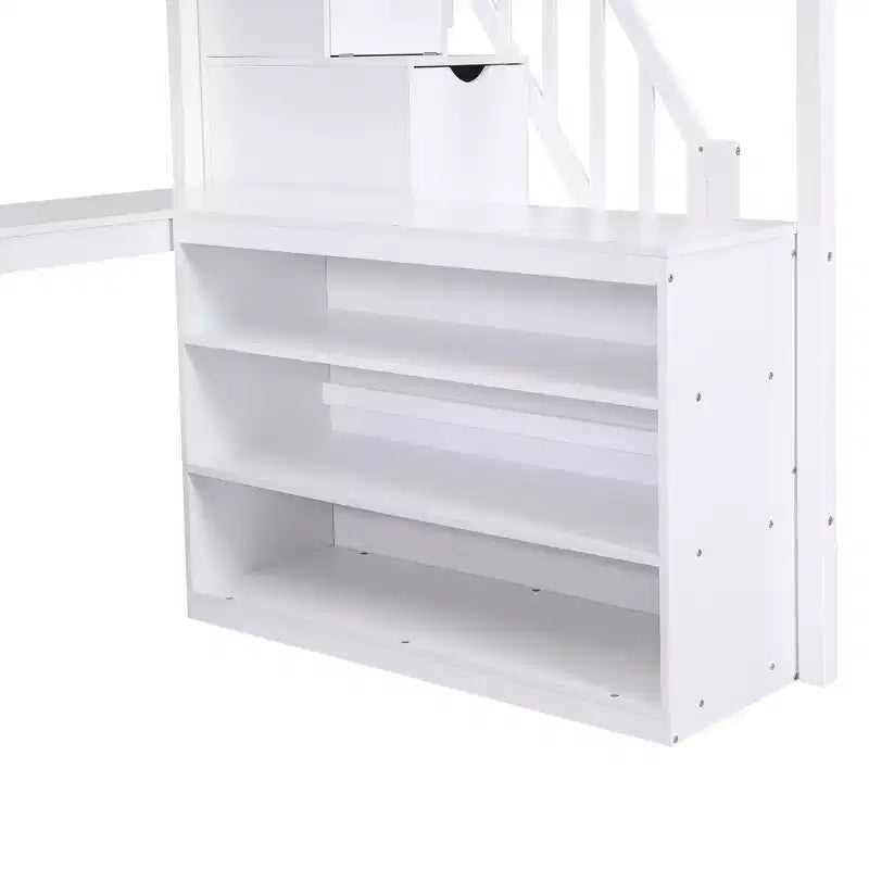 Lit mezzanine double avec bureau intégré en L, étagères de rangement à trois niveaux, garde-corps de sécurité et escalier de rangement attenant, blanc/gris