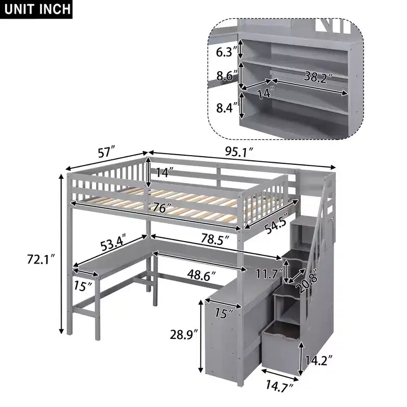 Lit mezzanine double avec bureau intégré en L, étagères de rangement à trois niveaux, garde-corps de sécurité et escalier de rangement attenant, blanc/gris