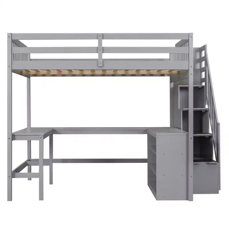 Lit mezzanine double avec bureau intégré en L, étagères de rangement à trois niveaux, garde-corps de sécurité et escalier de rangement attenant, blanc/gris