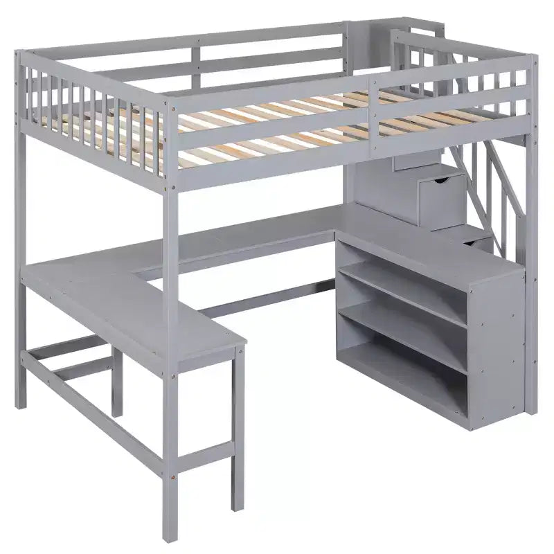 Lit mezzanine double avec bureau intégré en L, étagères de rangement à trois niveaux, garde-corps de sécurité et escalier de rangement attenant, blanc/gris