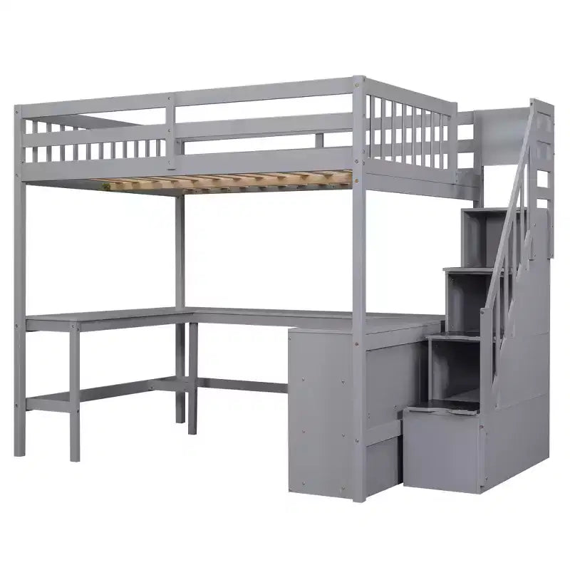 Lit mezzanine double avec bureau intégré en L, étagères de rangement à trois niveaux, garde-corps de sécurité et escalier de rangement attenant, blanc/gris