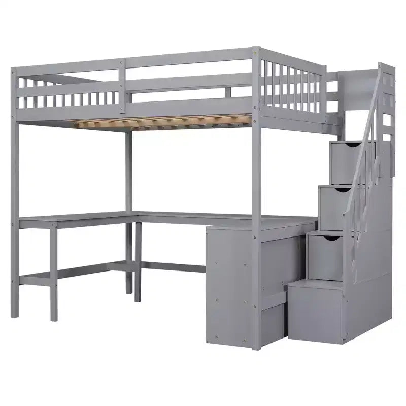 Lit mezzanine double avec bureau intégré en L, étagères de rangement à trois niveaux, garde-corps de sécurité et escalier de rangement attenant, blanc/gris