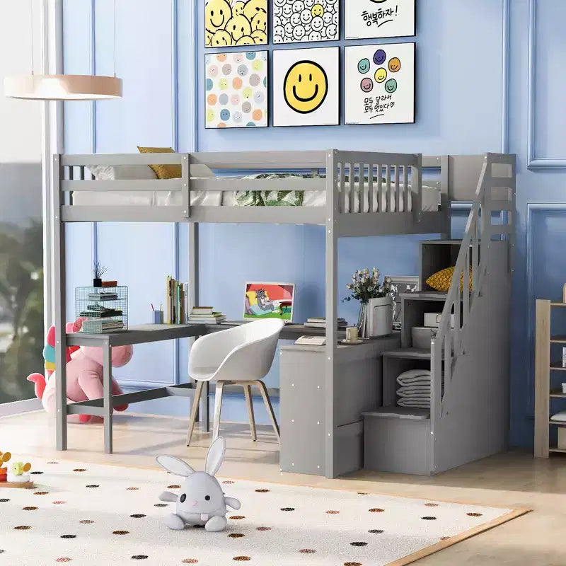 Full Size Loft Bed with Built-in L-Shaped Desk, Three-Tier Storage Shelves, Safety Guardrails and Attached Storage Staircase, White/Gray-ModernLuxe
