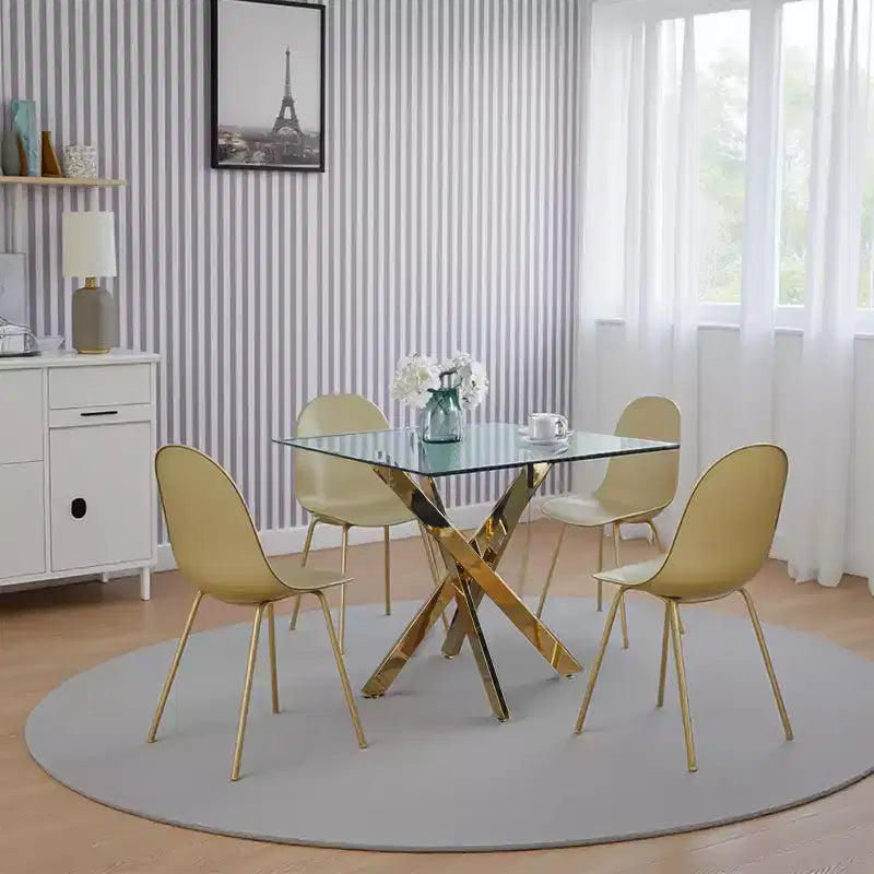 Dining Table with Cross Metal Leg and Tempered Glass,Modern Space Saving Kitchen Table for Living Room,Chrome Legs,Square Table,Golden Legs