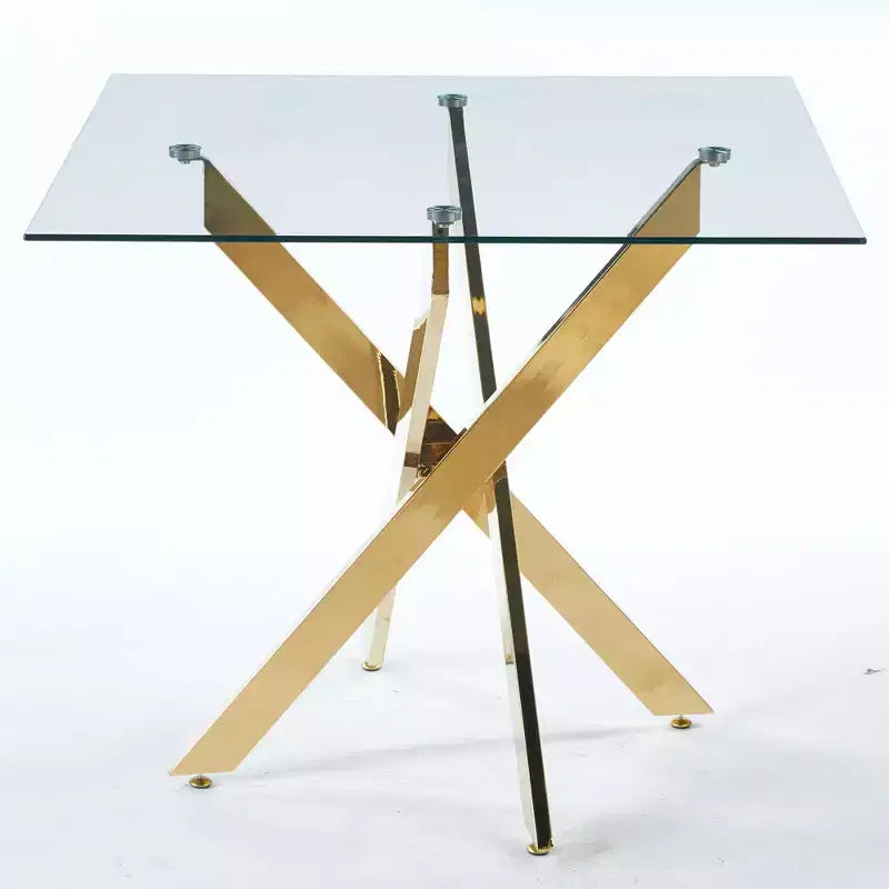 Table à manger avec pieds croisés en métal et verre trempé, table de cuisine moderne peu encombrante pour salon, pieds chromés, table carrée, pieds dorés
