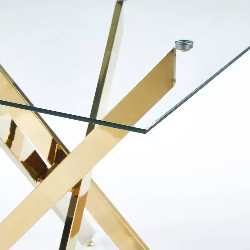 Table à manger avec pieds croisés en métal et verre trempé, table de cuisine moderne peu encombrante pour salon, pieds chromés, table carrée, pieds dorés