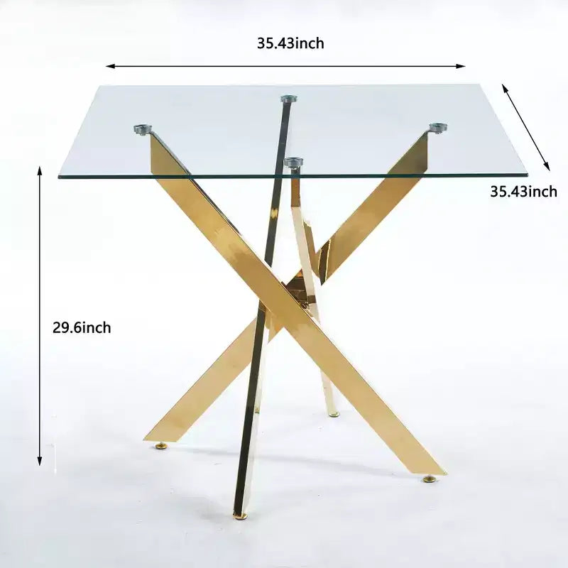Table à manger avec pieds croisés en métal et verre trempé, table de cuisine moderne peu encombrante pour salon, pieds chromés, table carrée, pieds dorés