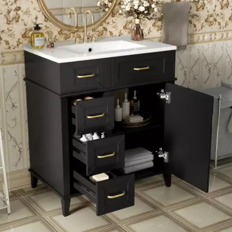 Meuble de rangement de salle de bain de 76 cm avec lavabo en céramique et étagère réglable intégrée