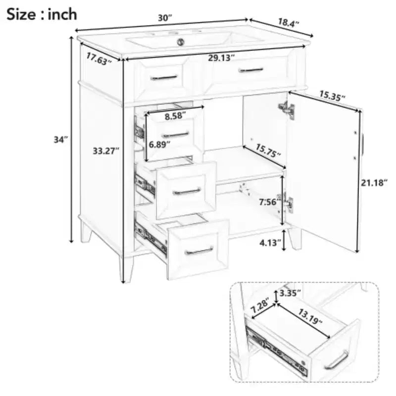 Meuble de rangement de salle de bain de 76 cm avec lavabo en céramique et étagère réglable intégrée