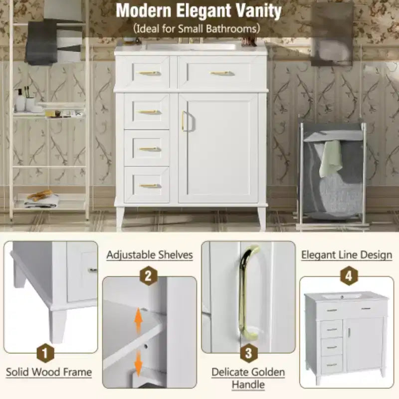Meuble de rangement de salle de bain de 76 cm avec lavabo en céramique et étagère réglable intégrée