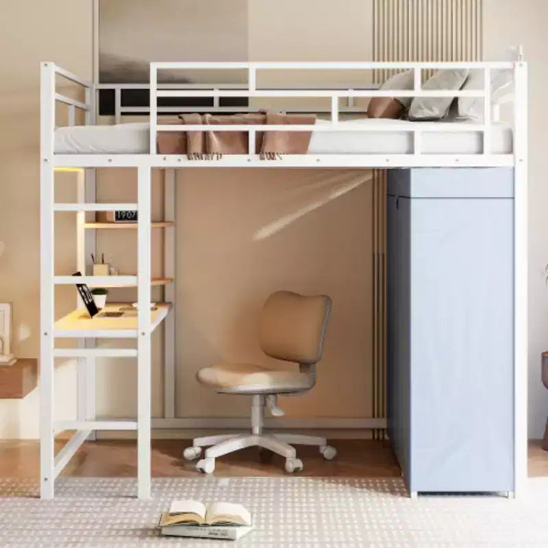 Full Size Loft Metal Bed with Desk,Shelves,Power Outlet,LED Light and Wardrobe, White