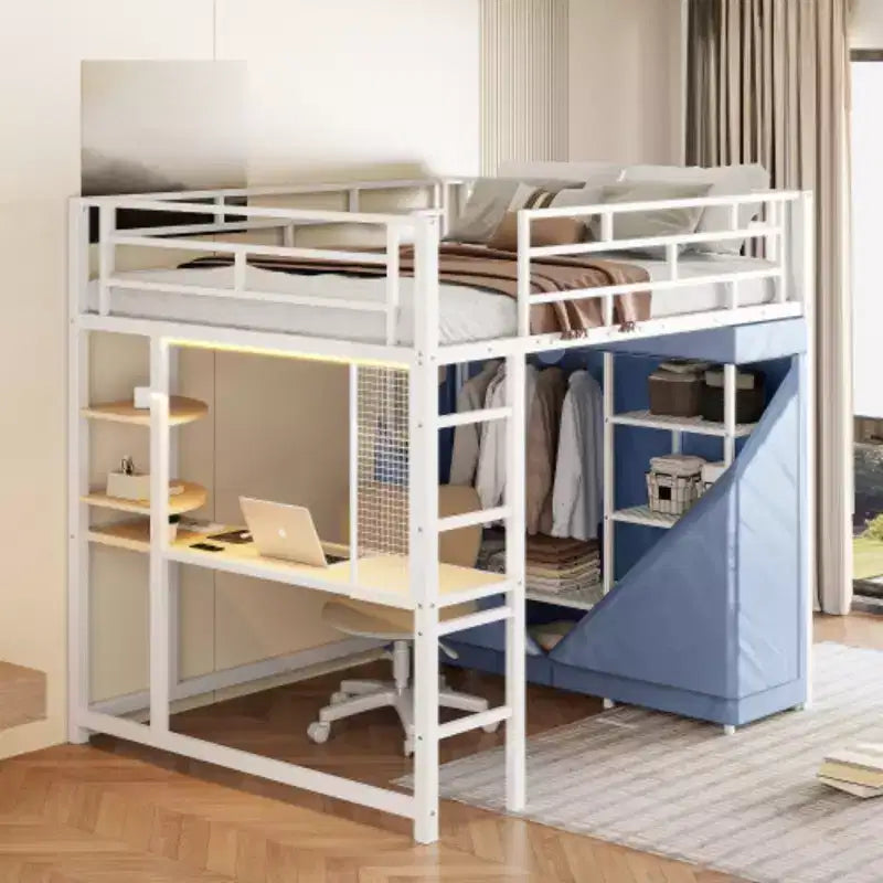 Lit mezzanine en métal pleine grandeur avec bureau, étagères, prise de courant, éclairage LED et armoire, blanc