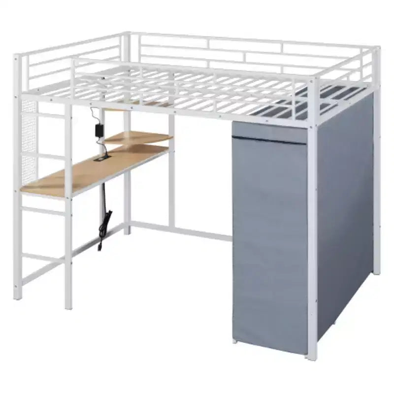 Lit mezzanine en métal pleine grandeur avec bureau, étagères, prise de courant, éclairage LED et armoire, blanc