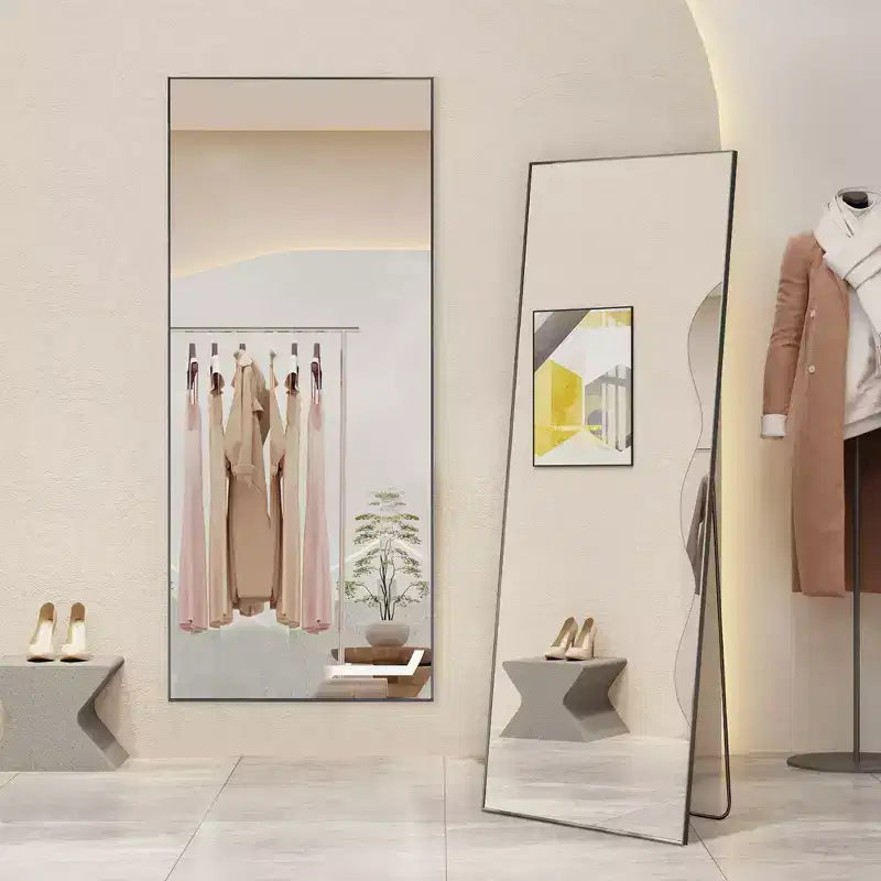 Miroir sur pied pleine longueur à angle droit de 64 pouces, miroir mural avec support et cadre fin en alliage d'aluminium