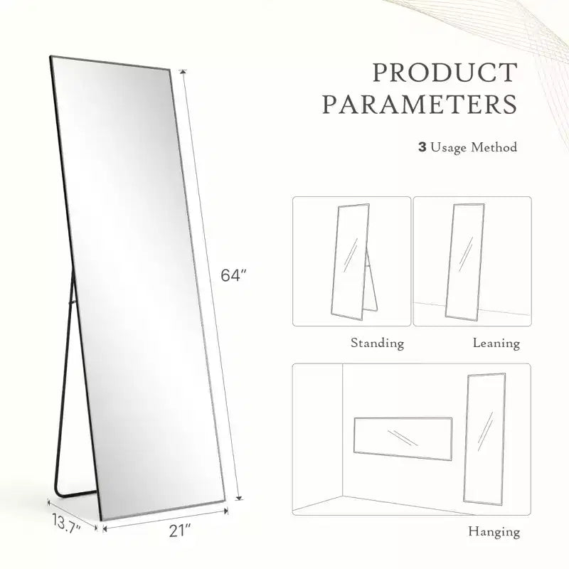 Miroir sur pied pleine longueur à angle droit de 64 pouces, miroir mural avec support et cadre fin en alliage d'aluminium