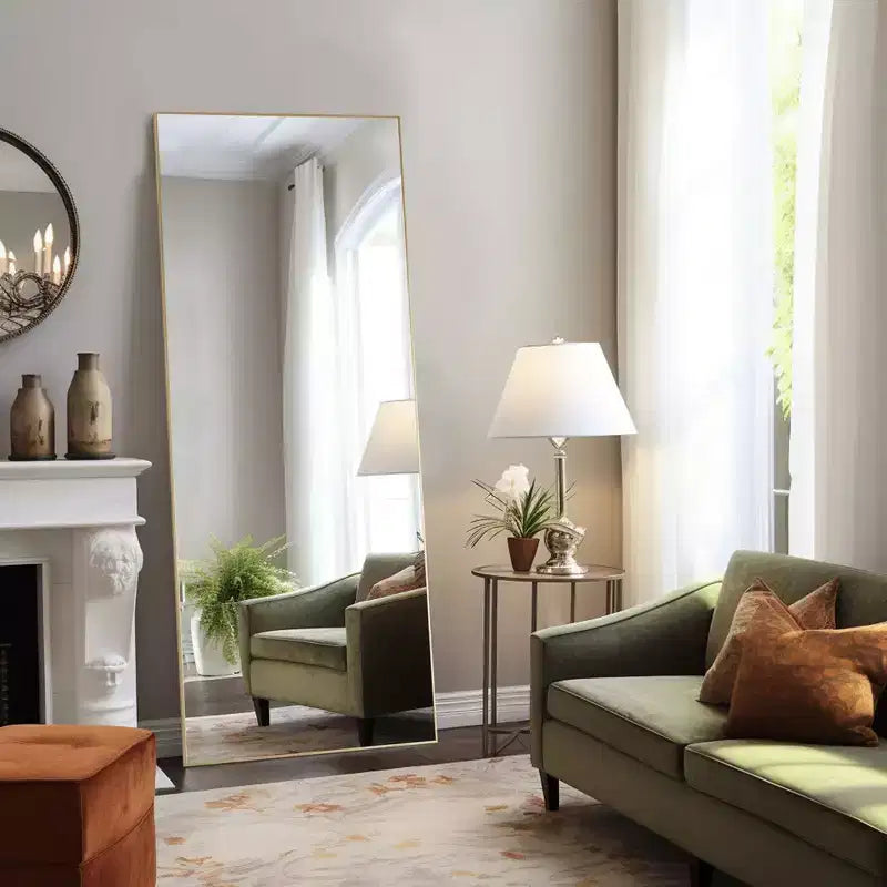 Miroir sur pied pleine longueur à angle droit de 64 pouces, miroir mural avec support et cadre fin en alliage d'aluminium