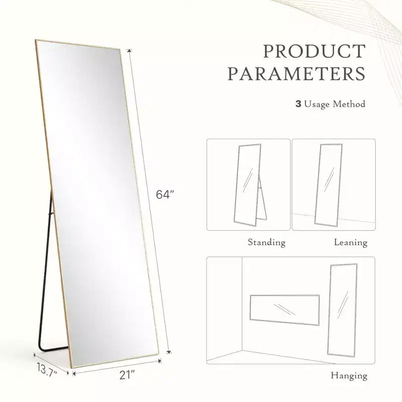 Miroir sur pied pleine longueur à angle droit de 64 pouces, miroir mural avec support et cadre fin en alliage d'aluminium