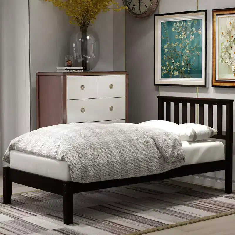 Whisen Minimalistic Twin Size Wood Platform Bed with Headboard/Wood Slat Support