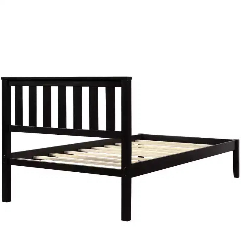 Lit plateforme minimaliste en bois double avec tête de lit et support à lattes en bois