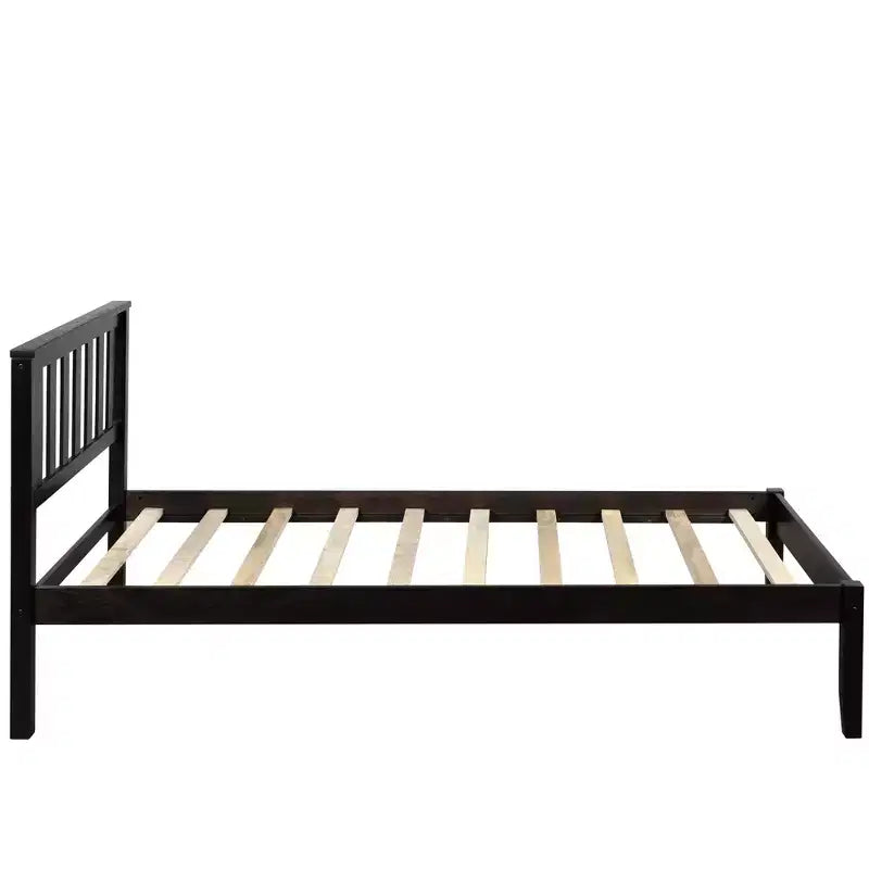 Lit plateforme minimaliste en bois double avec tête de lit et support à lattes en bois