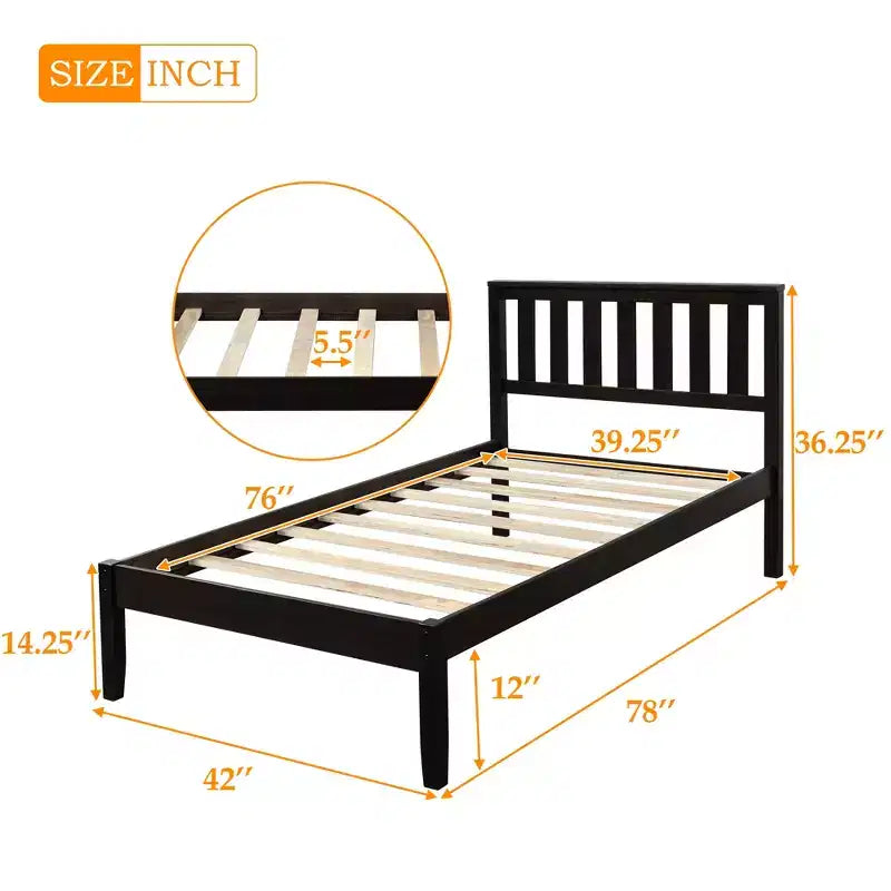 Lit plateforme minimaliste en bois double avec tête de lit et support à lattes en bois
