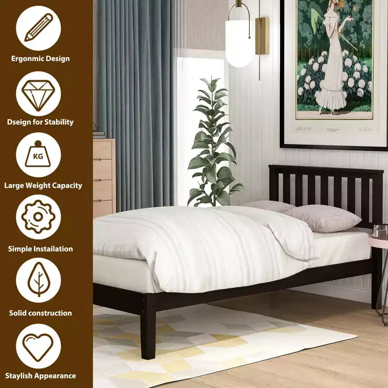 Lit plateforme minimaliste en bois double avec tête de lit et support à lattes en bois