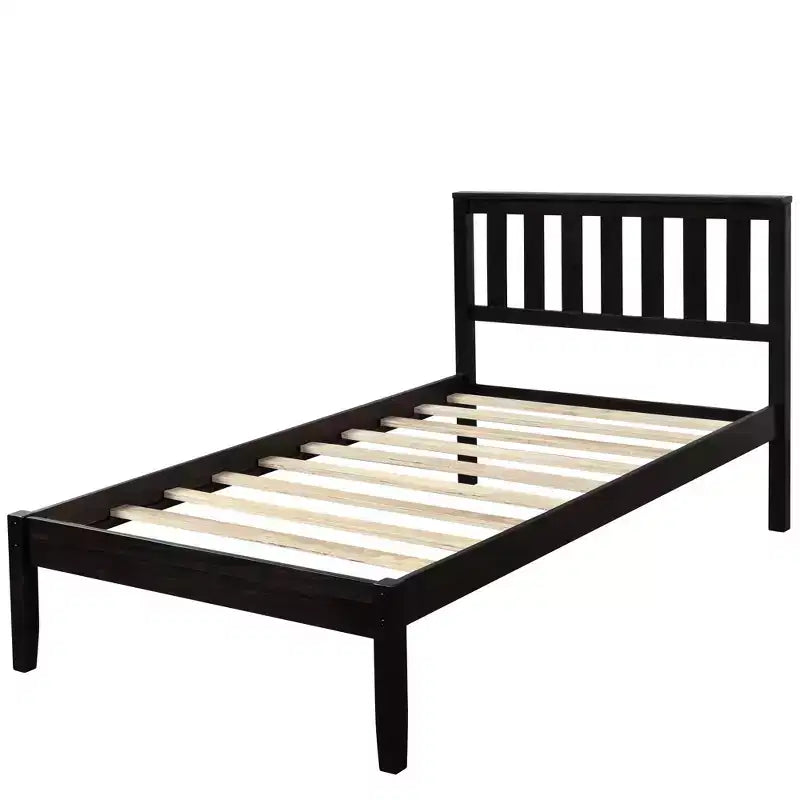 Lit plateforme minimaliste en bois double avec tête de lit et support à lattes en bois