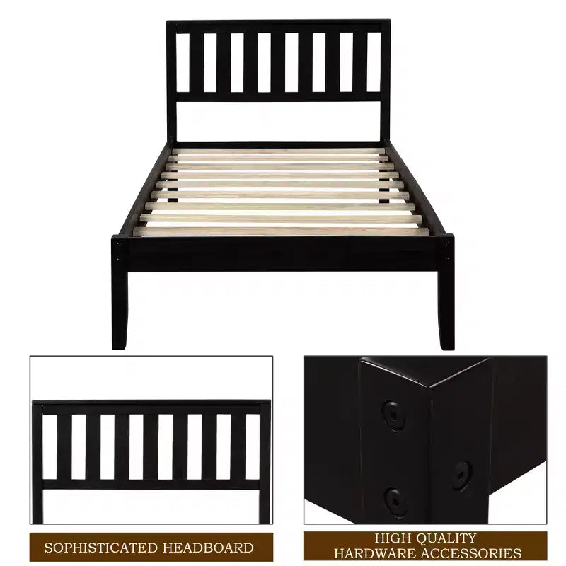 Lit plateforme minimaliste en bois double avec tête de lit et support à lattes en bois