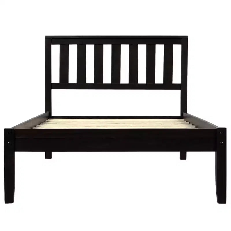 Lit plateforme minimaliste en bois double avec tête de lit et support à lattes en bois