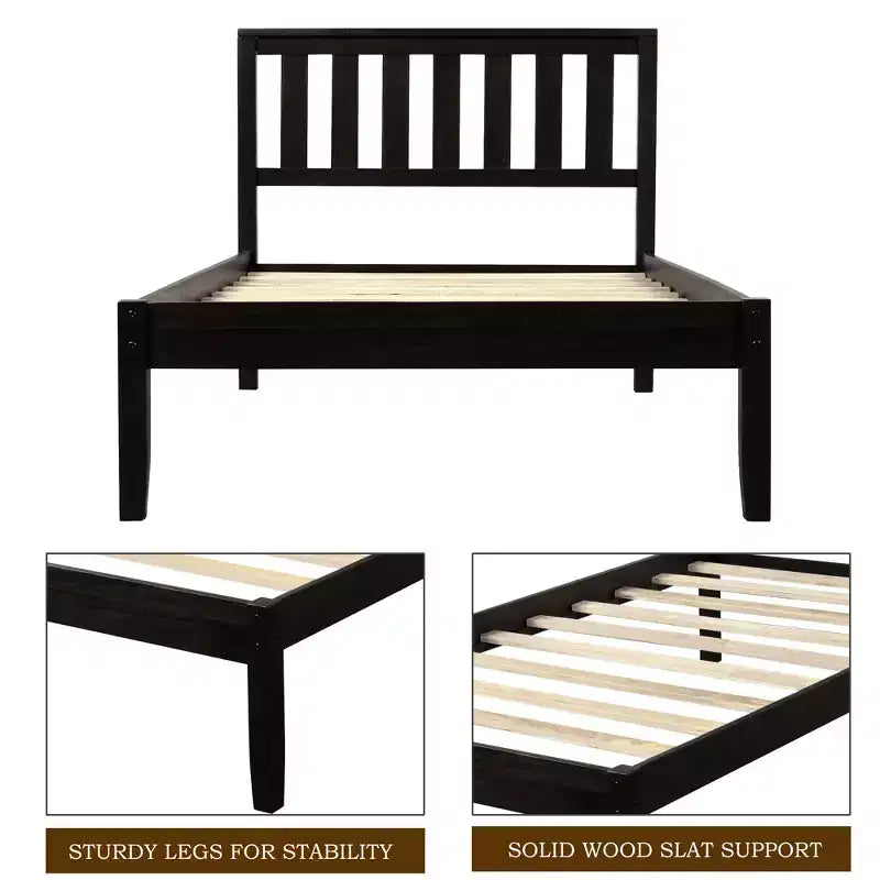 Lit plateforme minimaliste en bois double avec tête de lit et support à lattes en bois