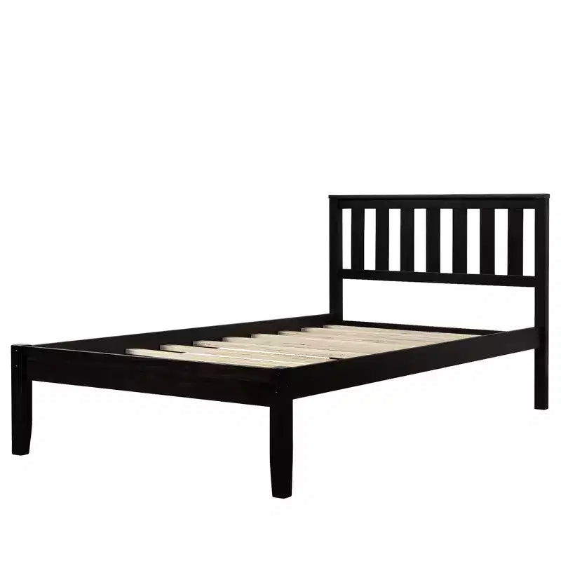 Lit plateforme minimaliste en bois double avec tête de lit et support à lattes en bois