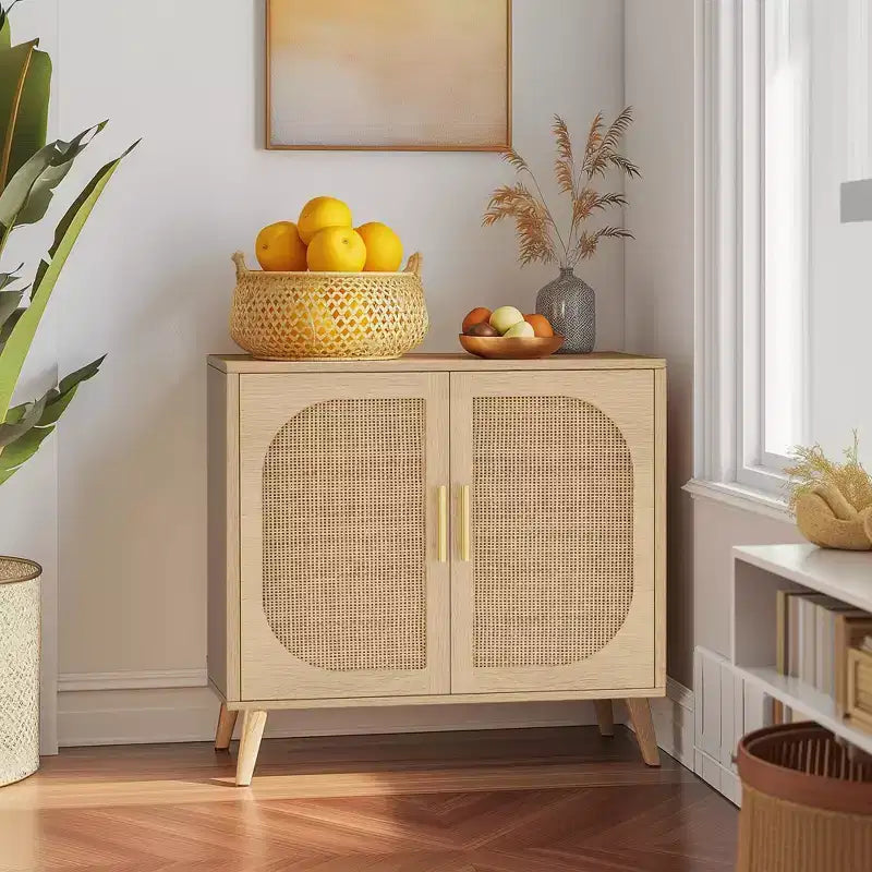Buffet en rotin élégant de 31,5 W avec 4 compartiments, buffet 2 portes avec pieds en bois massif