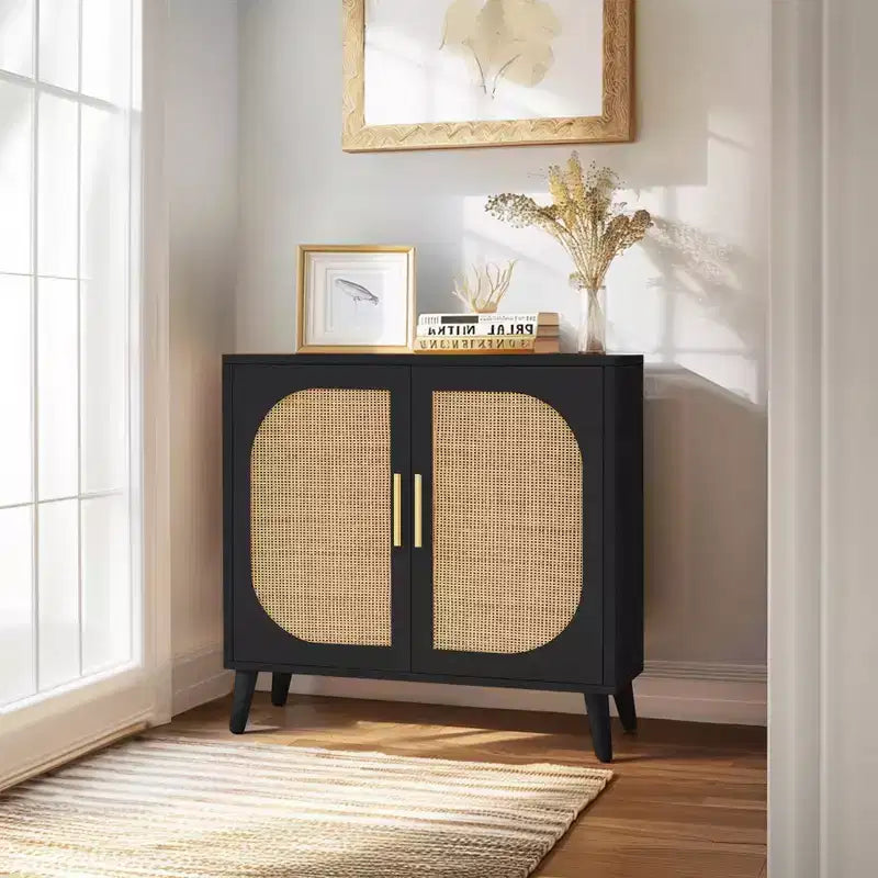 Buffet en rotin élégant de 31,5 W avec 4 compartiments, buffet 2 portes avec pieds en bois massif