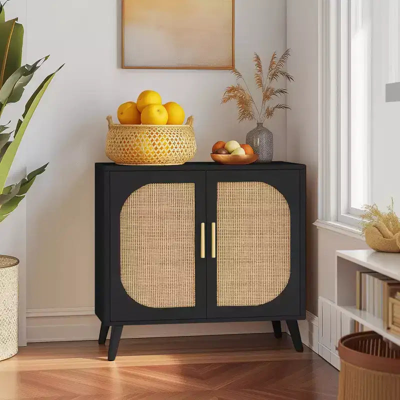 Buffet en rotin élégant de 31,5 W avec 4 compartiments, buffet 2 portes avec pieds en bois massif